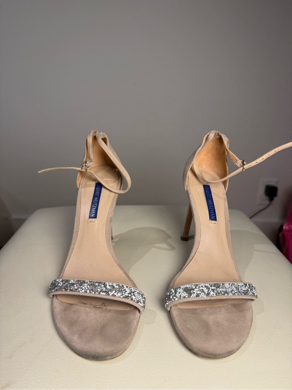 Stuart Weitzman Nude Suede Crystal Rhinestone Ankle Strap Heels Size 7